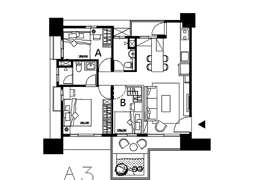 A3-35坪3房2廳2衛2陽台,3採光